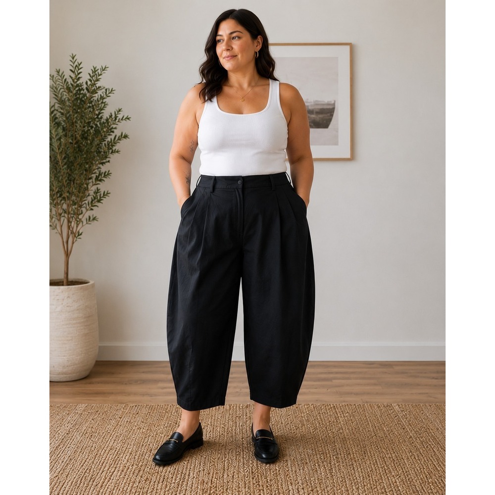 Zara Womens XL Balloon Barrel Leg Cropped Pleated Trousers Black High Rise - Picture 1 of 16